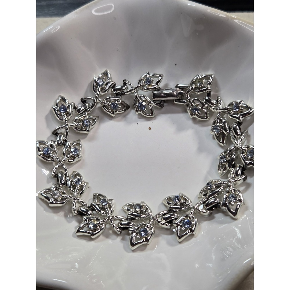 Vintage Coro Blue Rhinestone Leaf Link Bracelet Silver Tone 7in Signed